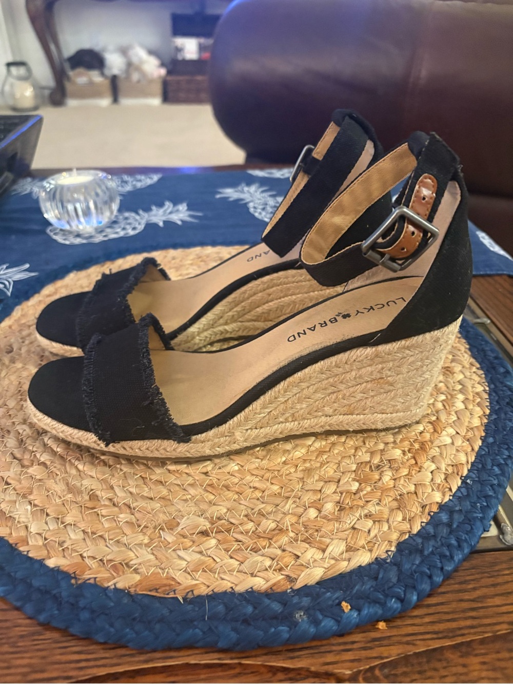 Lucky Brand Black Espadrille Wedge Sandals with Ankle Strap